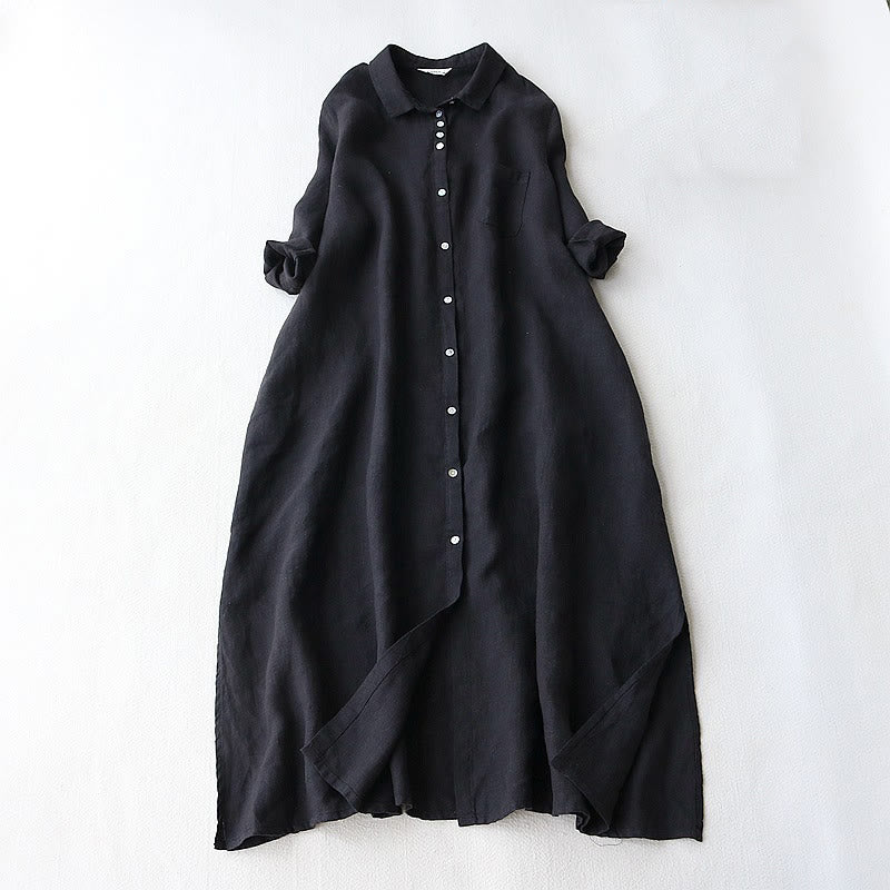 Nimara Ritual Buttons Design Lapel Three Quarter Sleeve Midi Dress With Pockets