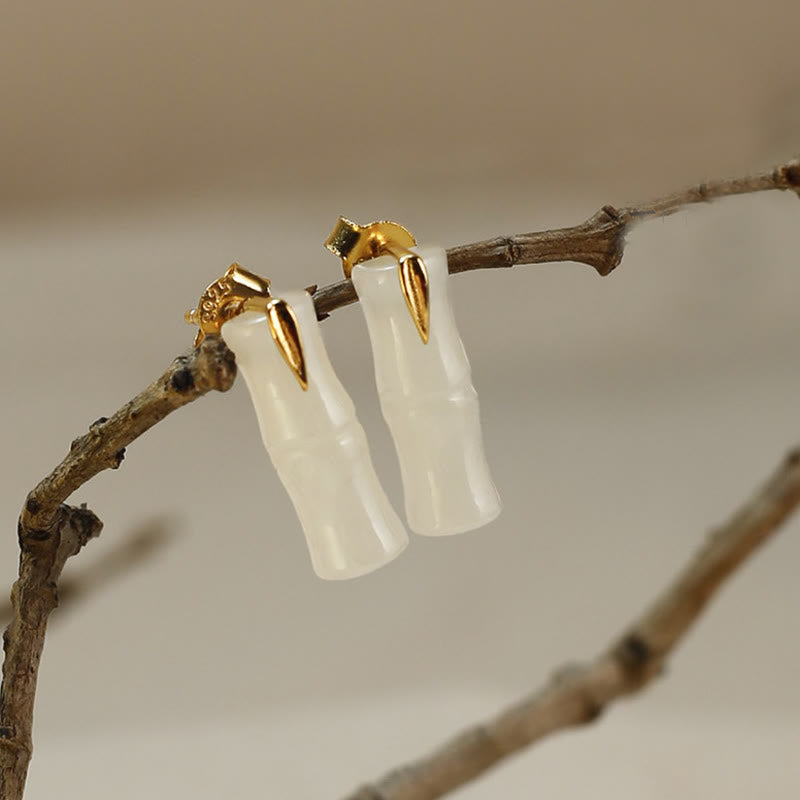 Nimara Ritual Bamboo Hetian Jade 925 Sterling Silver Leaf Wealth Earrings