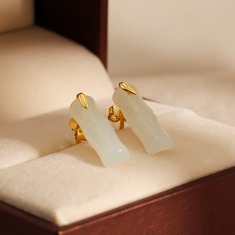 Nimara Ritual Bamboo Hetian Jade 925 Sterling Silver Leaf Wealth Earrings