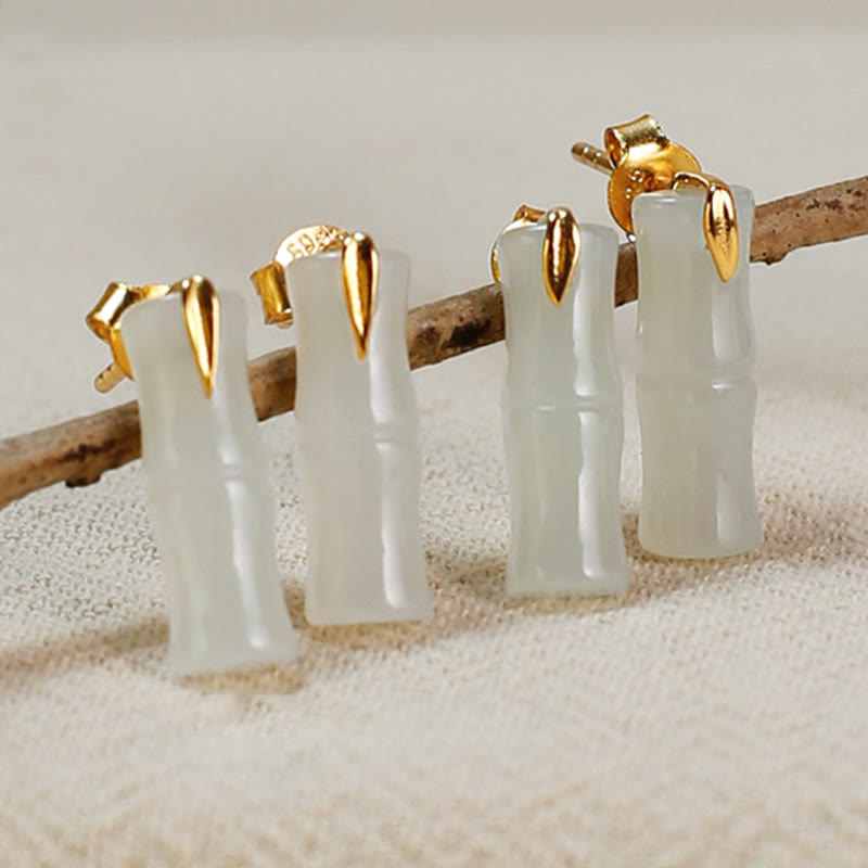 Nimara Ritual Bamboo Hetian Jade 925 Sterling Silver Leaf Wealth Earrings