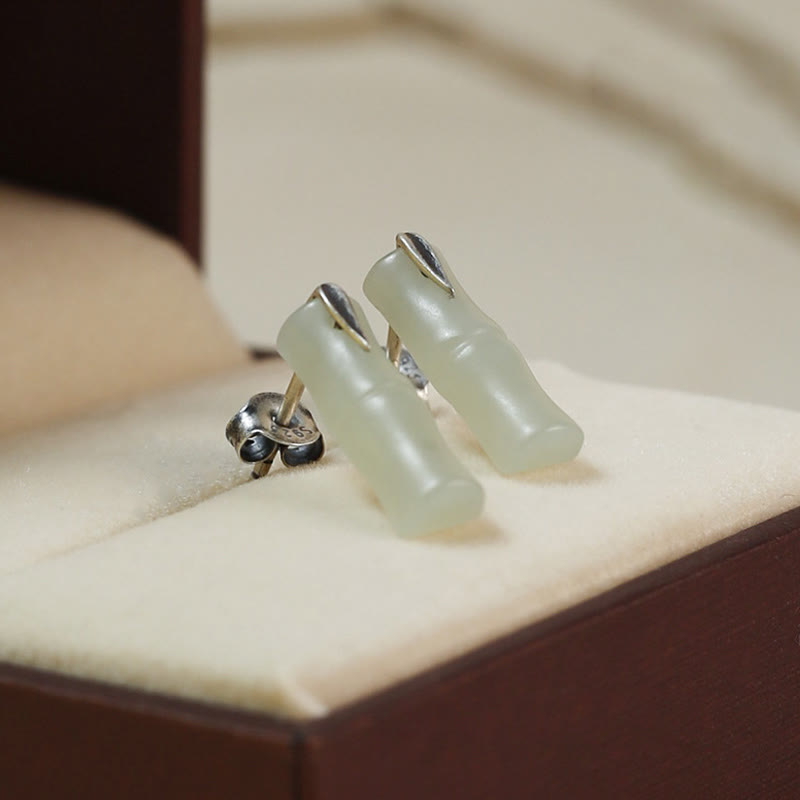 Nimara Ritual Bamboo Hetian Jade 925 Sterling Silver Leaf Wealth Earrings