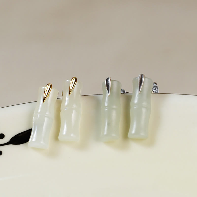 Nimara Ritual Bamboo Hetian Jade 925 Sterling Silver Leaf Wealth Earrings
