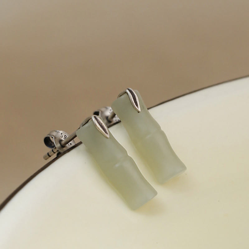 Nimara Ritual Bamboo Hetian Jade 925 Sterling Silver Leaf Wealth Earrings