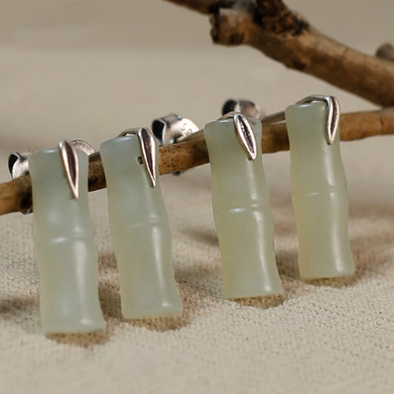 Nimara Ritual Bamboo Hetian Jade 925 Sterling Silver Leaf Wealth Earrings