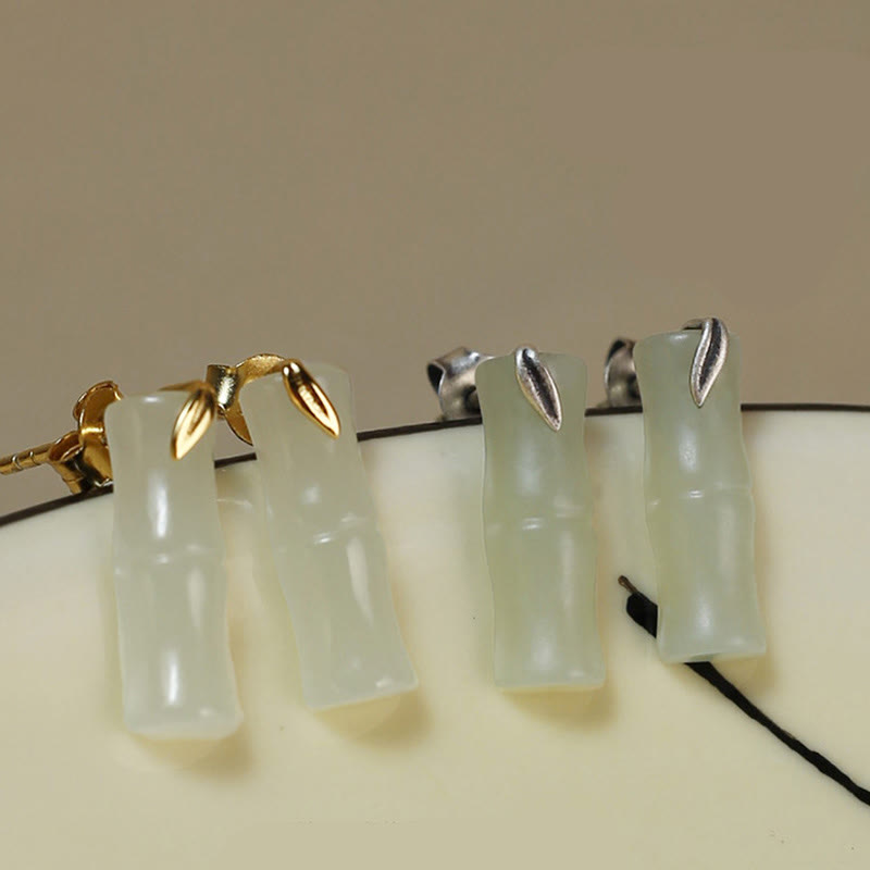 Nimara Ritual Bamboo Hetian Jade 925 Sterling Silver Leaf Wealth Earrings