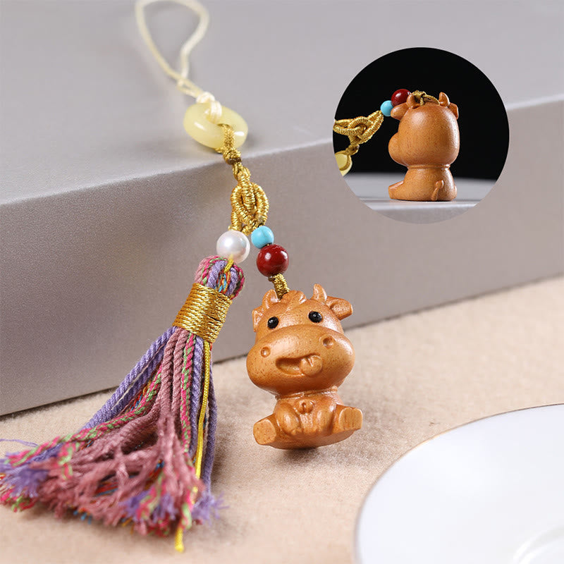 Nimara Ritual Sandalwood 12 Chinese Zodiac Blessing Colorful Tassel Accessories Keychain