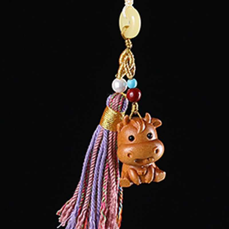 Nimara Ritual Sandalwood 12 Chinese Zodiac Blessing Colorful Tassel Accessories Keychain