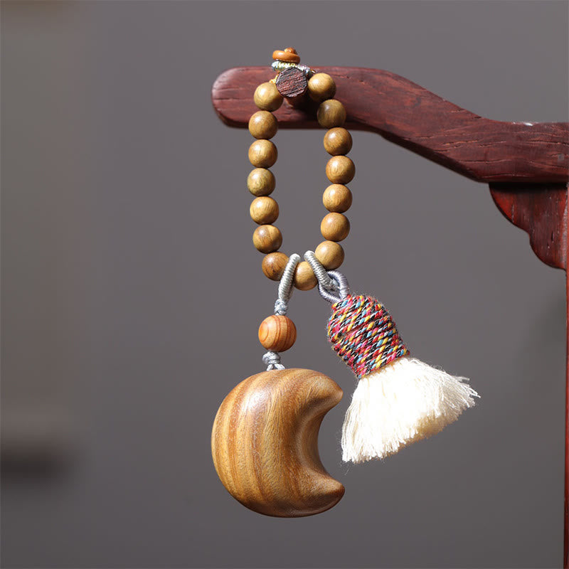 Nimara Ritual Natural Green Sandalwood Colored Rope Tassels Star Moon Abundance Key Chain