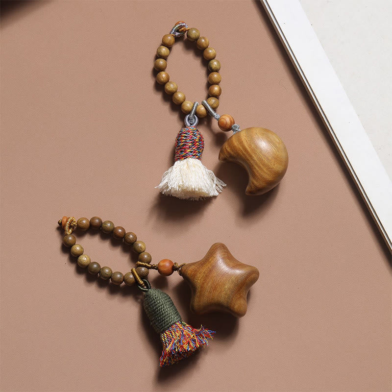 Nimara Ritual Natural Green Sandalwood Colored Rope Tassels Star Moon Abundance Key Chain