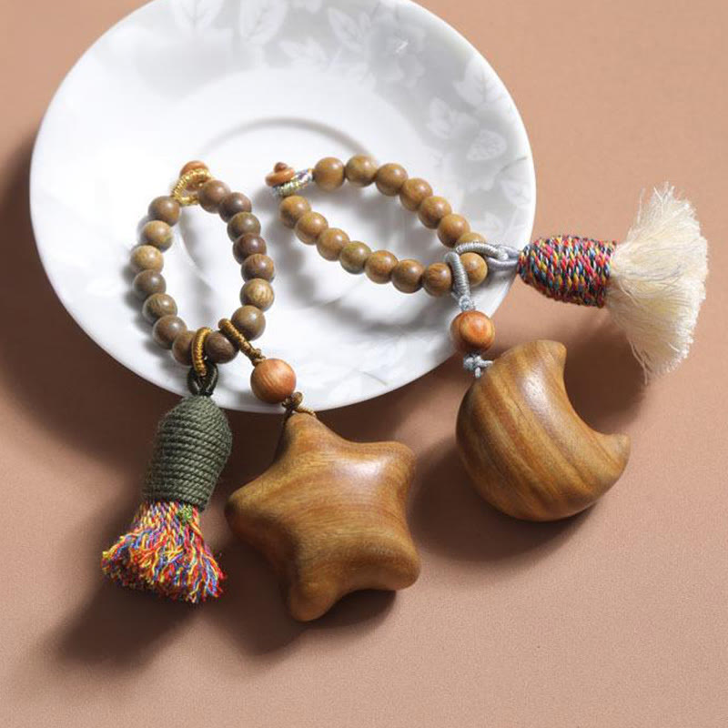 Nimara Ritual Natural Green Sandalwood Colored Rope Tassels Star Moon Abundance Key Chain