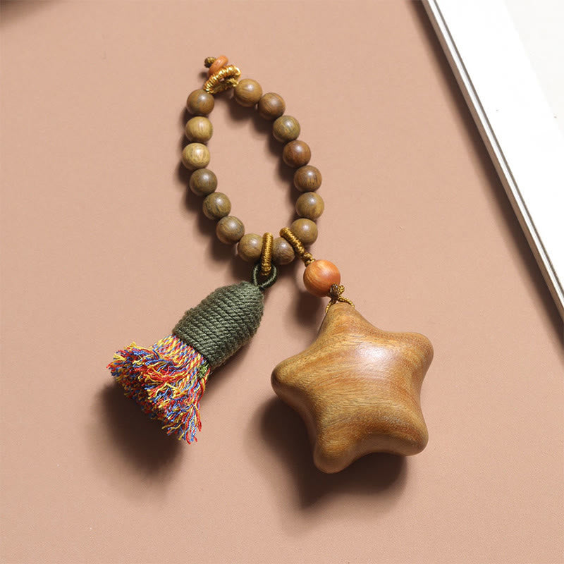 Nimara Ritual Natural Green Sandalwood Colored Rope Tassels Star Moon Abundance Key Chain