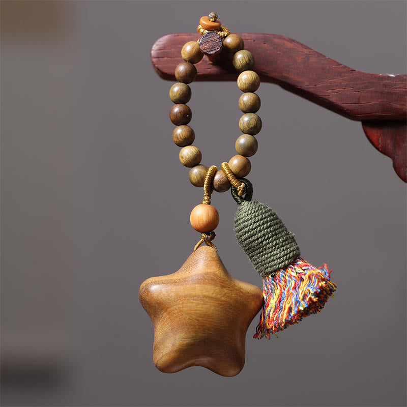 Nimara Ritual Natural Green Sandalwood Colored Rope Tassels Star Moon Abundance Key Chain