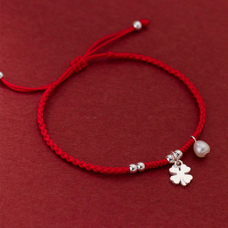 Nimara Ritual Retro 925 Sterling Silver Four Leaf Clover Pearl Luck Red String Bracelet