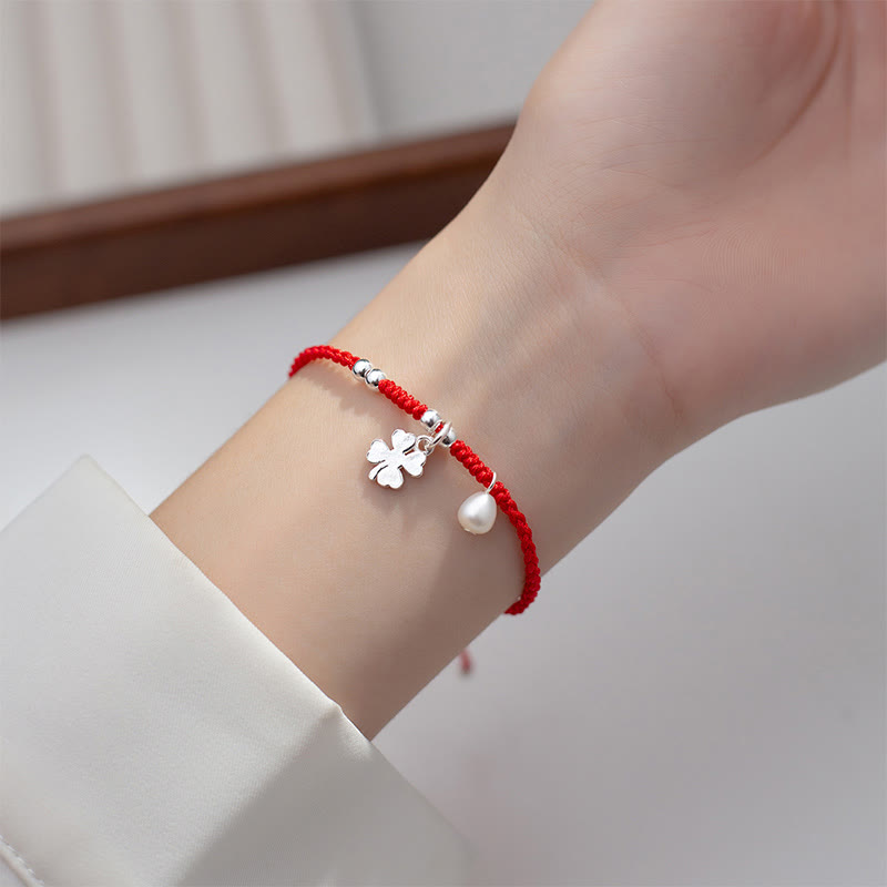 Nimara Ritual Retro 925 Sterling Silver Four Leaf Clover Pearl Luck Red String Bracelet