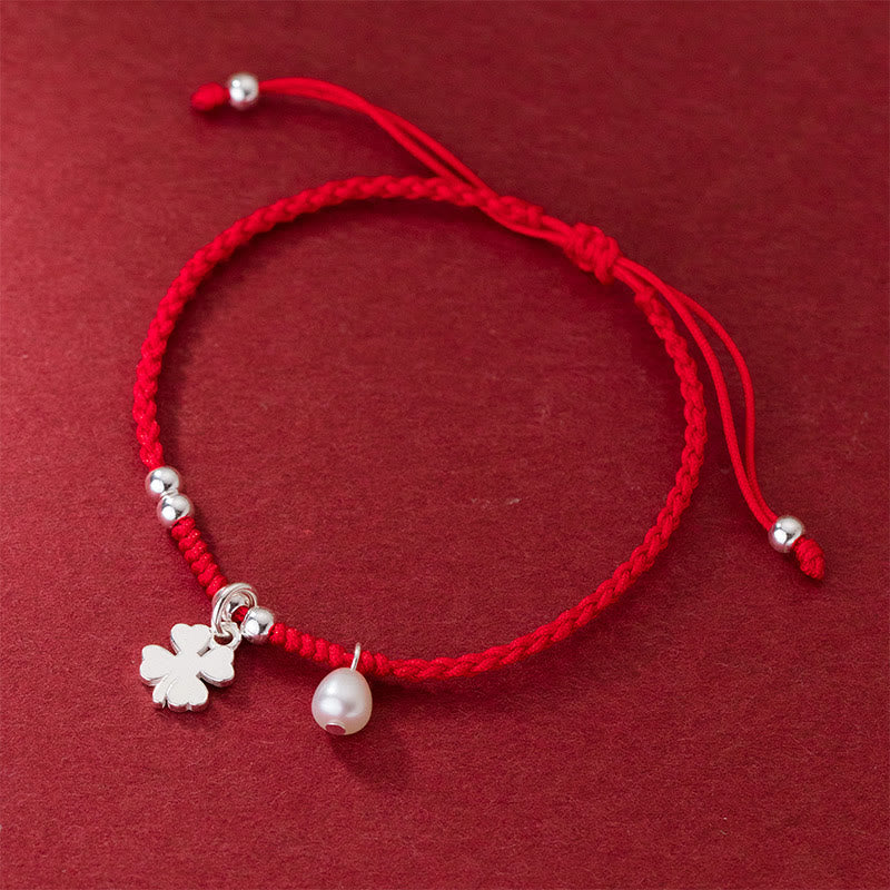 Nimara Ritual Retro 925 Sterling Silver Four Leaf Clover Pearl Luck Red String Bracelet