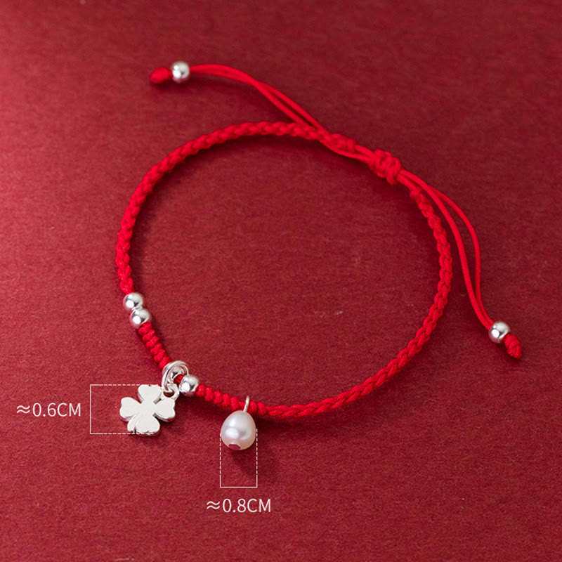 Nimara Ritual Retro 925 Sterling Silver Four Leaf Clover Pearl Luck Red String Bracelet