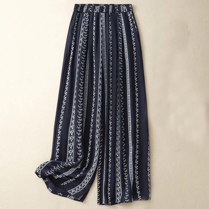 Nimara Ritual Casual Vertical Printing Cotton Linen Women's Wide Leg Pants With Pockets