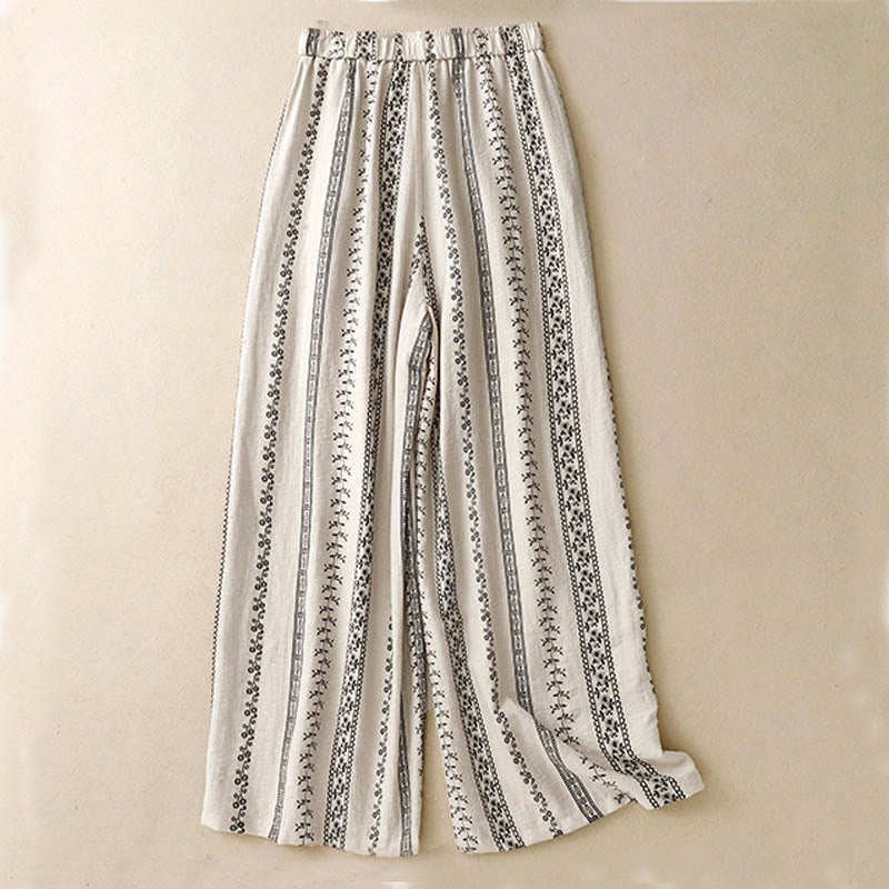 Nimara Ritual Casual Vertical Printing Cotton Linen Women's Wide Leg Pants With Pockets