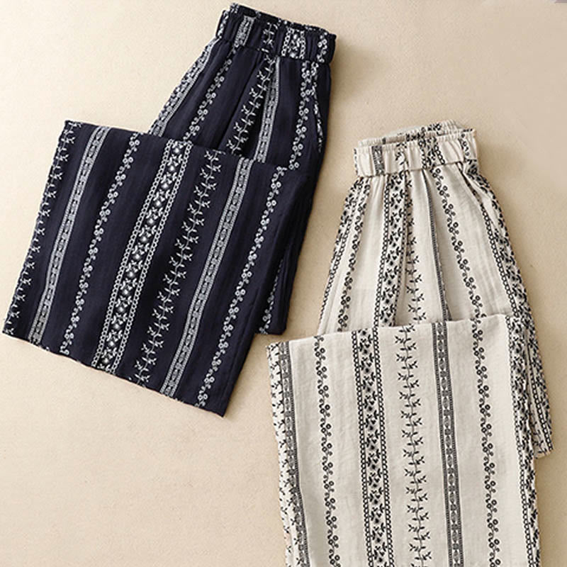 Nimara Ritual Casual Vertical Printing Cotton Linen Women's Wide Leg Pants With Pockets