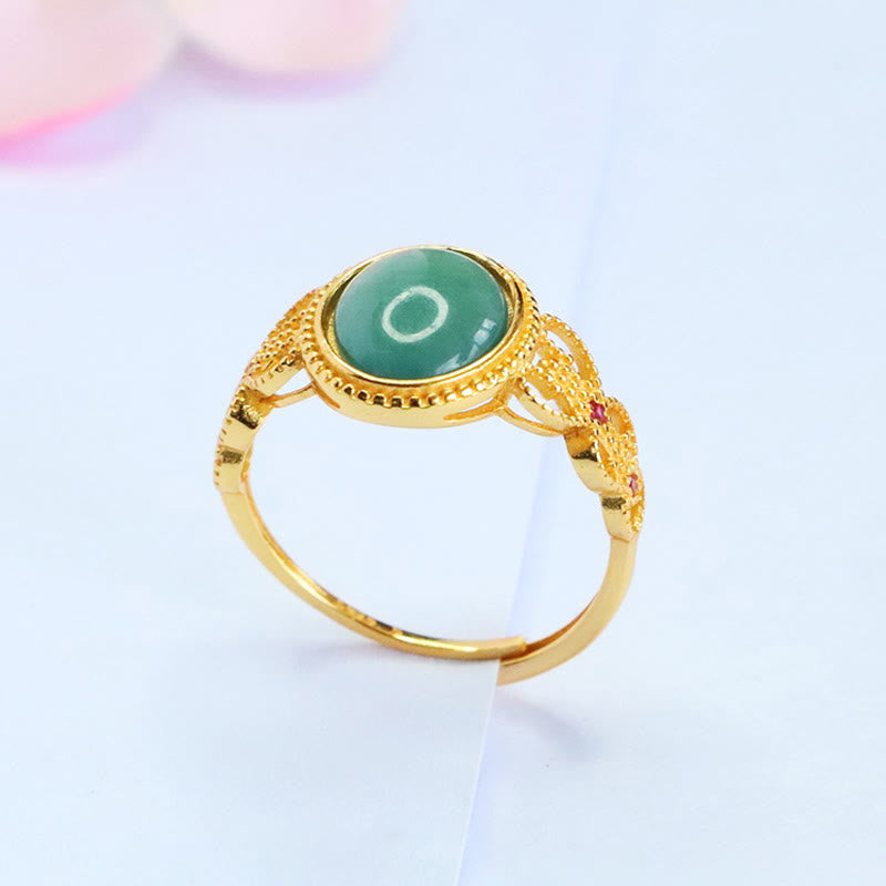 Nimara Ritual Natural 925 Sterling Silver Plated Gold Hollow Design Jade Luck Ring