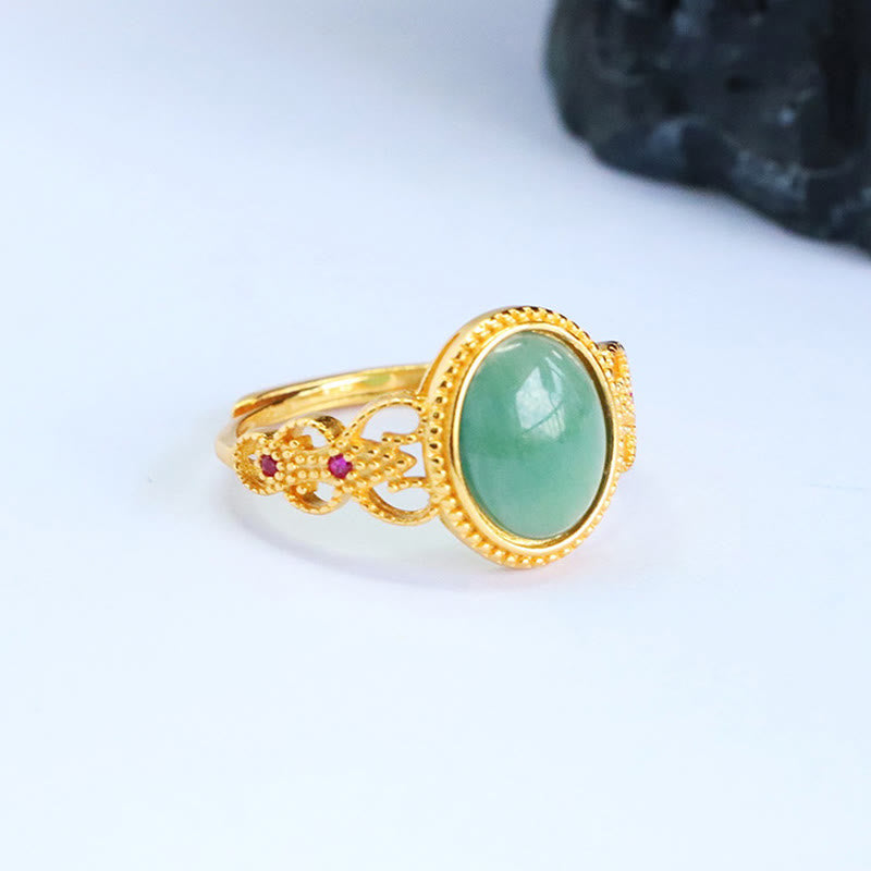 Nimara Ritual Natural 925 Sterling Silver Plated Gold Hollow Design Jade Luck Ring