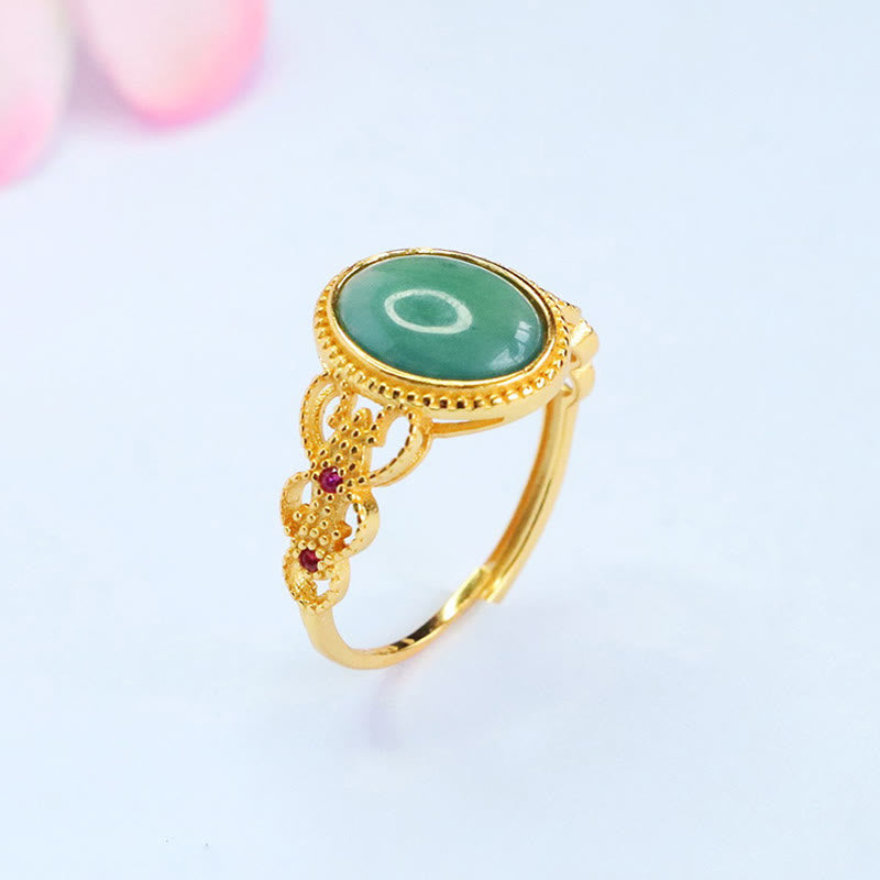 Nimara Ritual Natural 925 Sterling Silver Plated Gold Hollow Design Jade Luck Ring