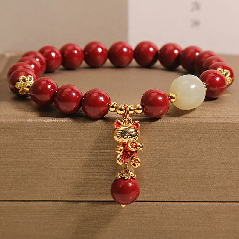 Nimara Ritual Natural Lucky Cat Pendant Cinnabar Blessing Bracelet