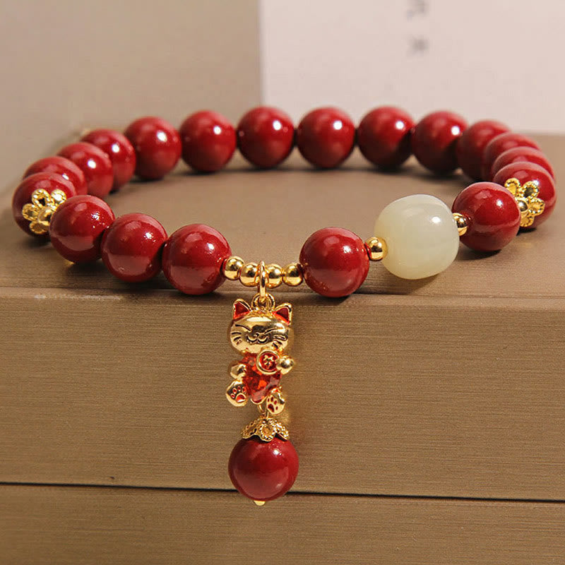 Nimara Ritual Natural Lucky Cat Pendant Cinnabar Blessing Bracelet