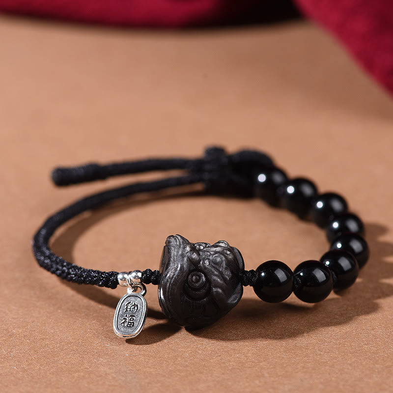Nimara Ritual Black Obsidian Silver Sheen Obsidian Cute Cat Dancing Lion Strength Bracelet