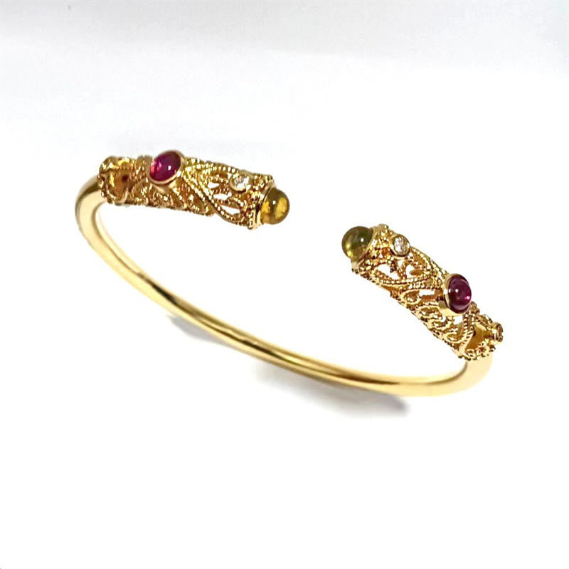 Nimara Ritual Golden Flower Pattern Red Zircon Amber Copper Luck Cuff Bracelet Bangle