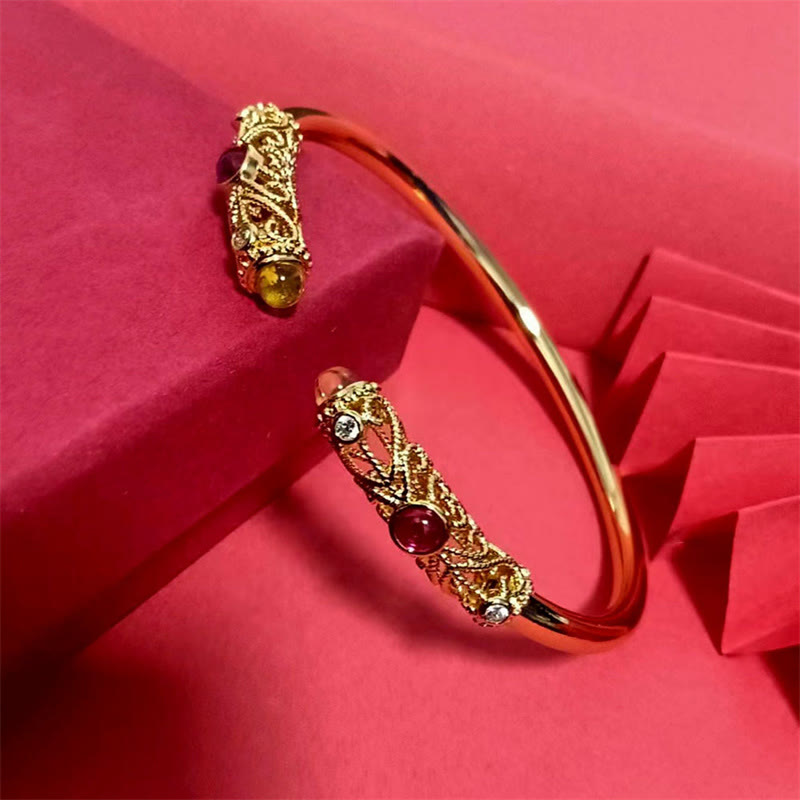 Nimara Ritual Golden Flower Pattern Red Zircon Amber Copper Luck Cuff Bracelet Bangle
