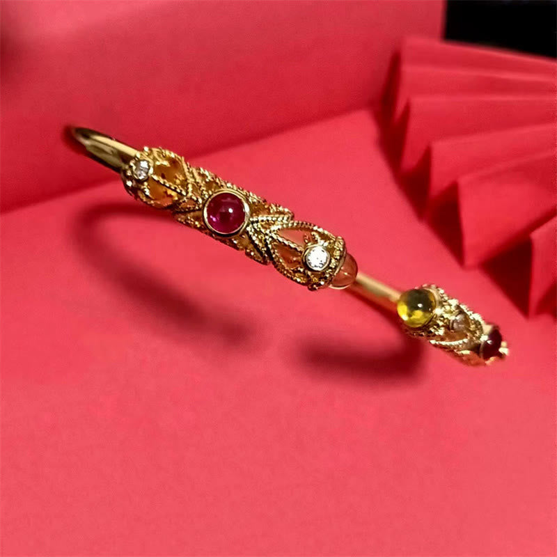 Nimara Ritual Golden Flower Pattern Red Zircon Amber Copper Luck Cuff Bracelet Bangle