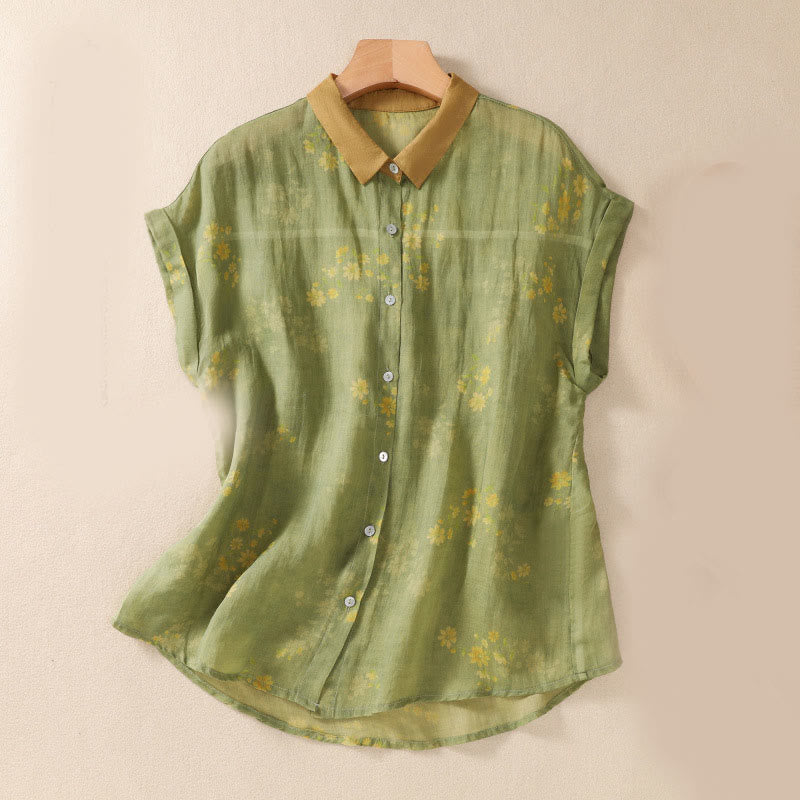 Nimara Ritual Small Yellow Flower Leaves Buttons Short Sleeve Women's Shirt