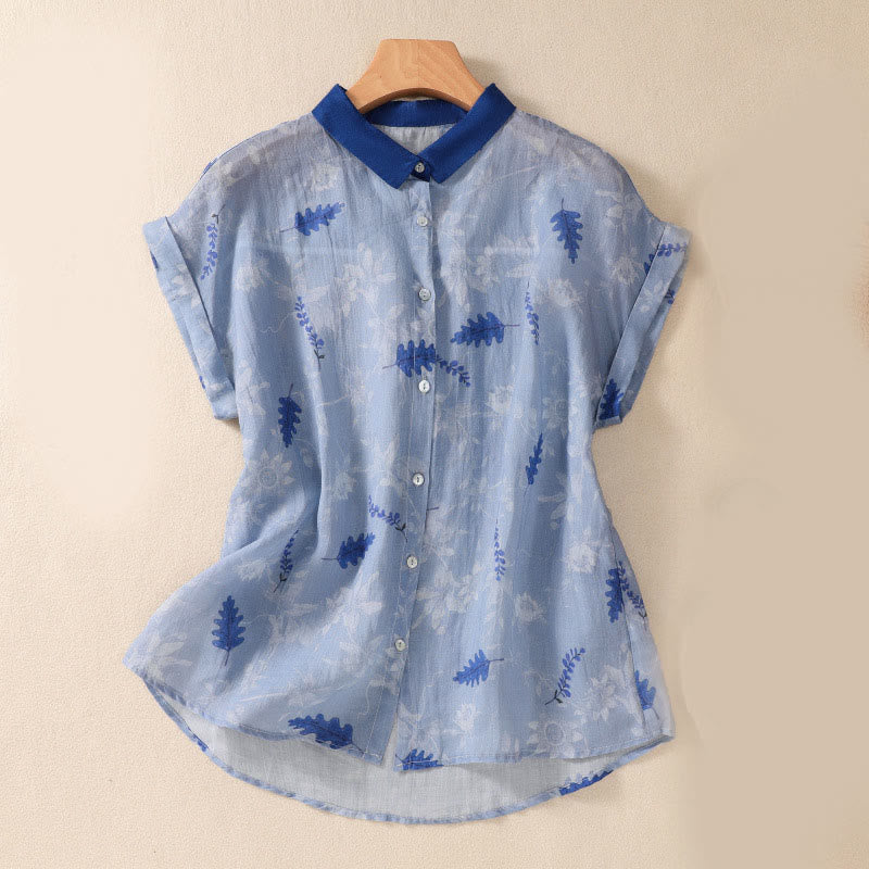 Nimara Ritual Small Yellow Flower Leaves Buttons Short Sleeve Women's Shirt