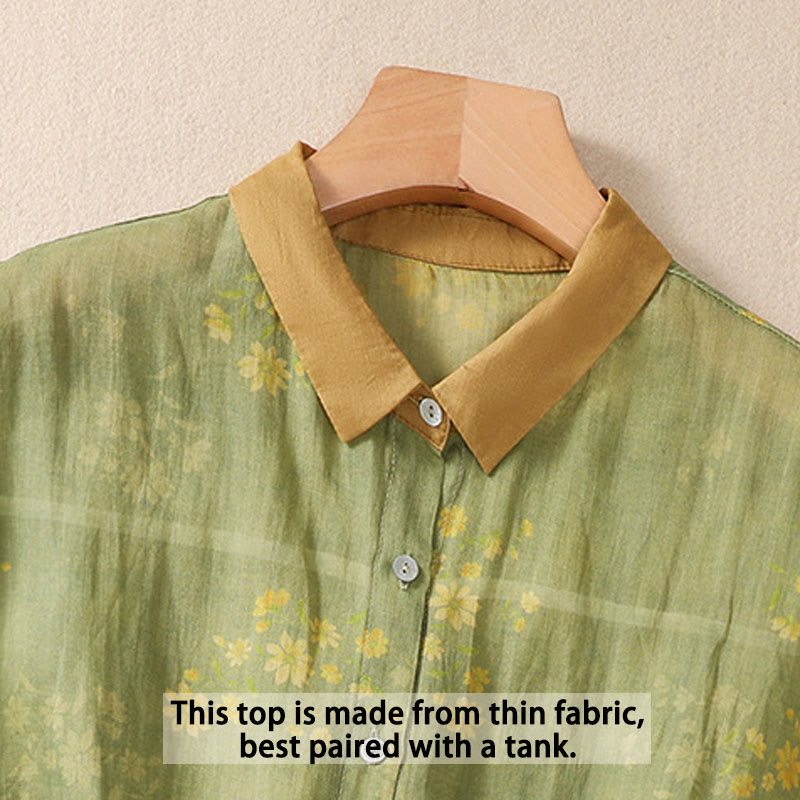 Nimara Ritual Small Yellow Flower Leaves Buttons Short Sleeve Women's Shirt