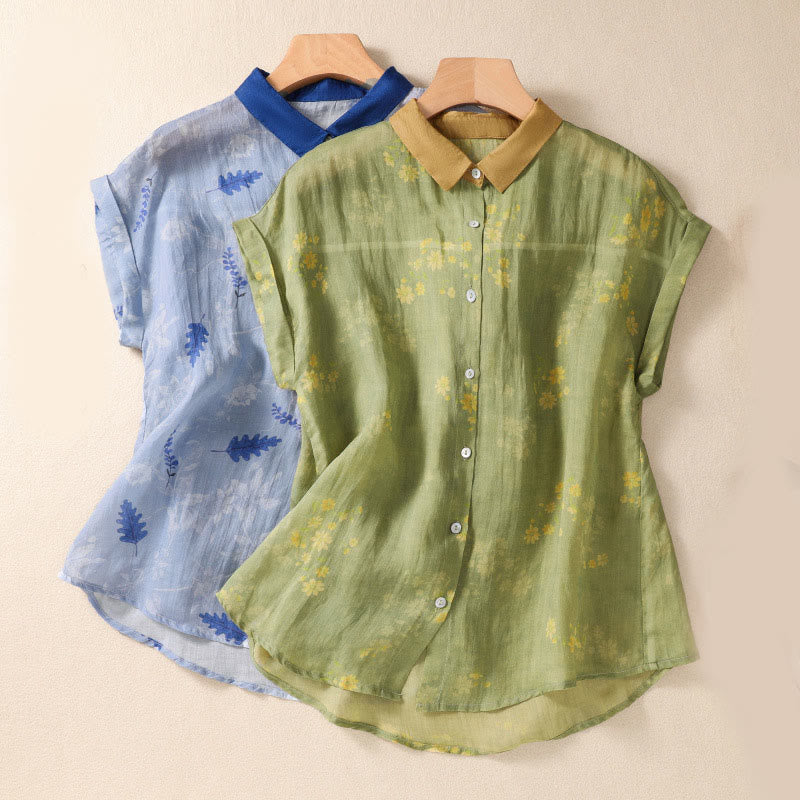 Nimara Ritual Small Yellow Flower Leaves Buttons Short Sleeve Women's Shirt