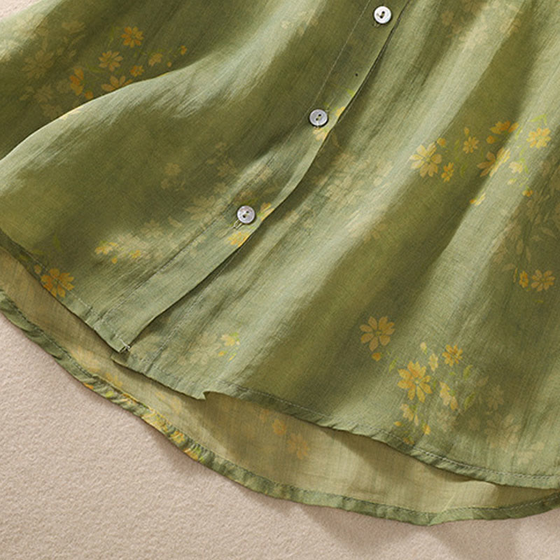 Nimara Ritual Small Yellow Flower Leaves Buttons Short Sleeve Women's Shirt