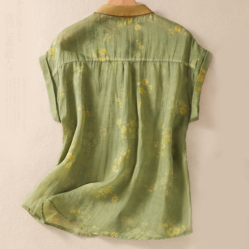 Nimara Ritual Small Yellow Flower Leaves Buttons Short Sleeve Women's Shirt