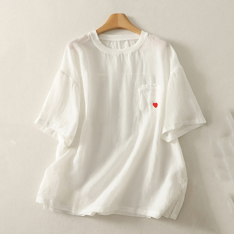 Nimara Ritual Casual Embroidery Red Heart Short Sleeve Women's Cotton Linen T-Shirt