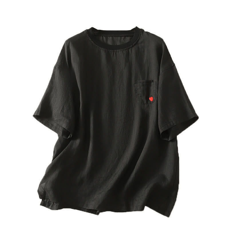 Nimara Ritual Casual Embroidery Red Heart Short Sleeve Women's Cotton Linen T-Shirt