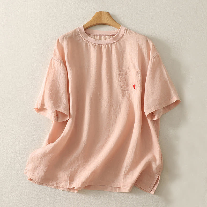 Nimara Ritual Casual Embroidery Red Heart Short Sleeve Women's Cotton Linen T-Shirt
