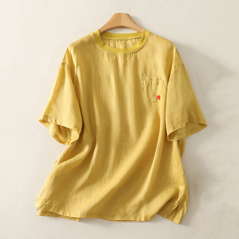 Nimara Ritual Casual Embroidery Red Heart Short Sleeve Women's Cotton Linen T-Shirt