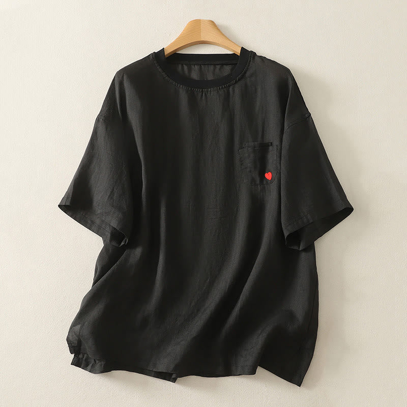 Nimara Ritual Casual Embroidery Red Heart Short Sleeve Women's Cotton Linen T-Shirt