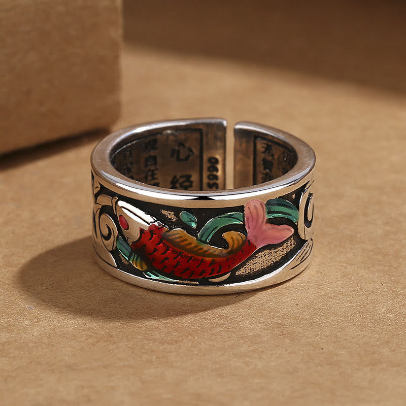 Bring Good Luck Koi Fish Heart Sutra Engraved Ring