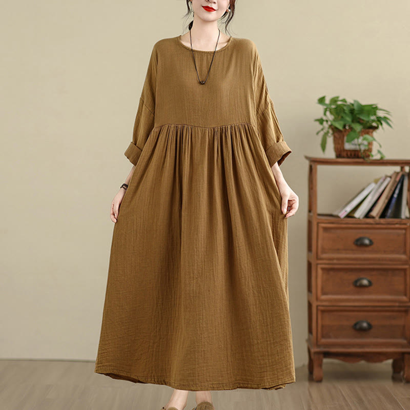 Nimara Ritual Commute Pure Color Long Sleeve Cotton Linen Midi Dress With Pockets