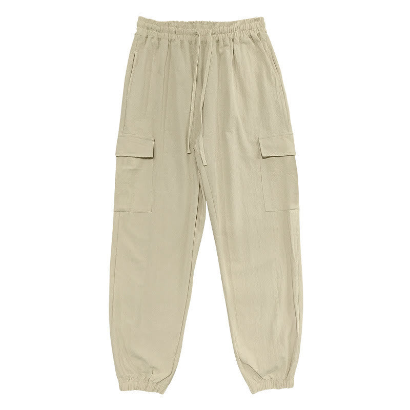 Nimara Ritual Solid Color Linen Drawstring Men's Cargo Pants With Pockets