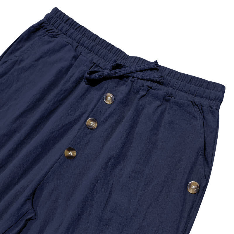 Nimara Ritual Solid Color Buttons Drawstring Men's Cotton Pants With Pockets