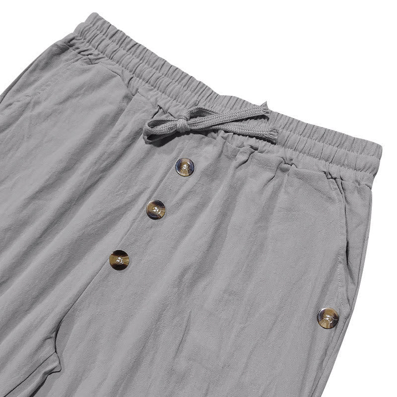 Nimara Ritual Solid Color Buttons Drawstring Men's Cotton Pants With Pockets