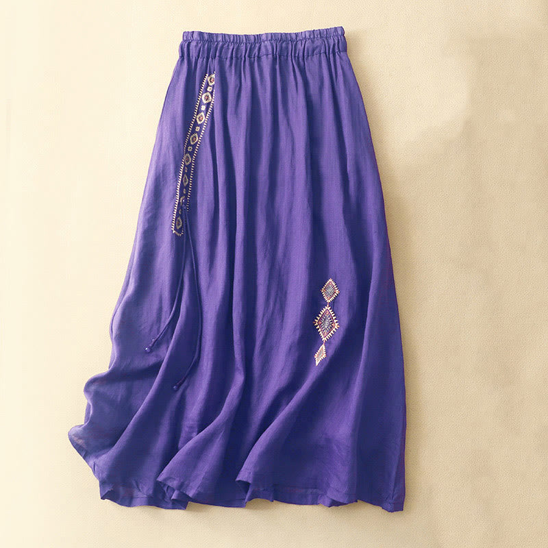 Nimara Ritual Ethnic Vintage Embroidery Button Design Women's Cotton Linen 7-8 Length Skirt
