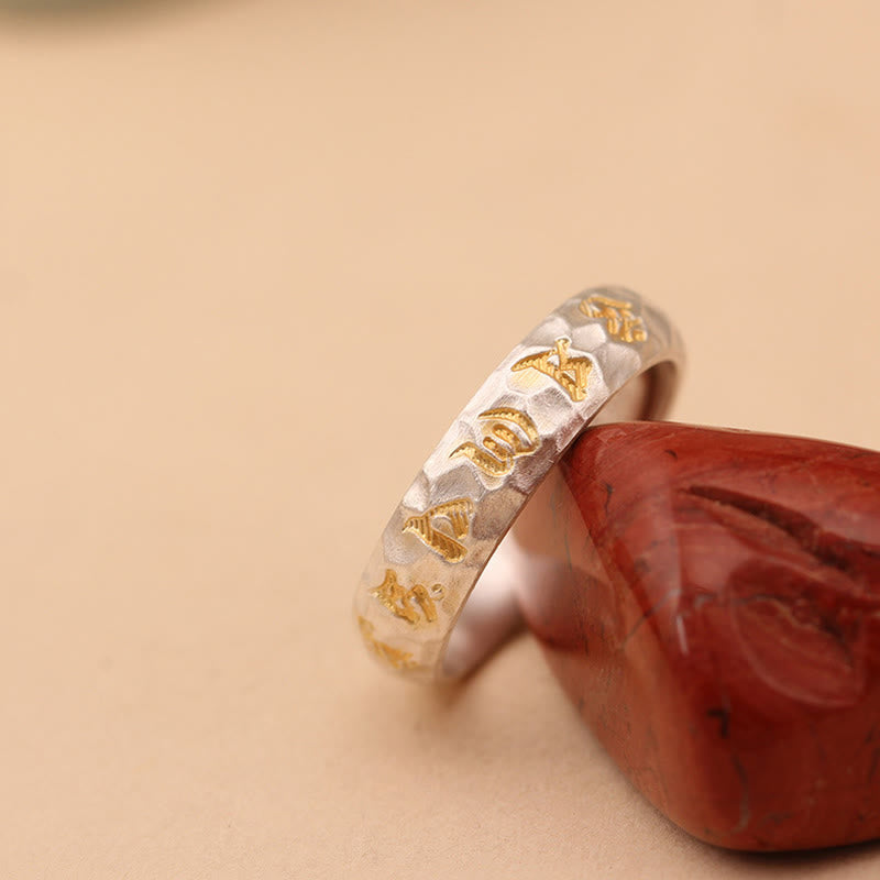 Nimara Ritual Hammer Pattern Om Mani Padme Hum Copper Plated Silver Wealth Ring